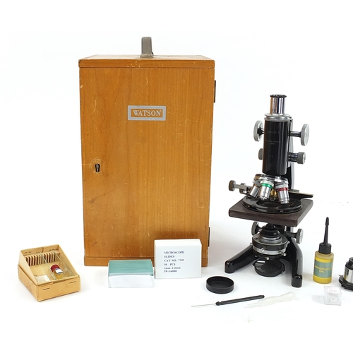 371 - W Watson & Sons Ltd of London Service II botanical adjustable microscope with case and accessories, ... 