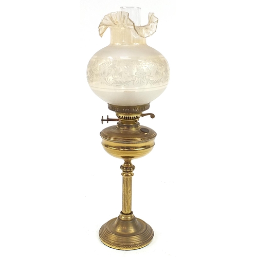 717 - Brass oil lamp with etched glass shade, the brass reservoir impressed Duplex, 60cm high