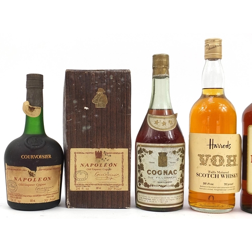 123 - Five bottles of alcohol comprising Harrods VOH whiskey, Fundador brandy, Guy Fillonneau cognac and t... 