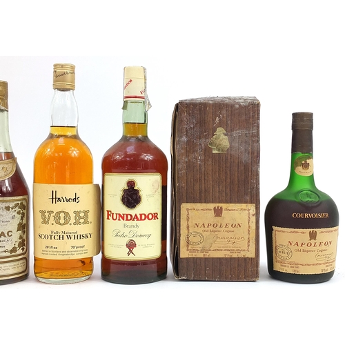 123 - Five bottles of alcohol comprising Harrods VOH whiskey, Fundador brandy, Guy Fillonneau cognac and t... 