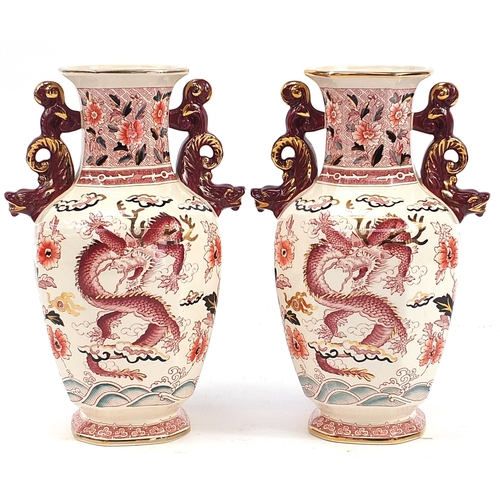 566 - Pair of Mason's dragon vases with twin dragon handles by Compton & Woodhouse, 31cm high