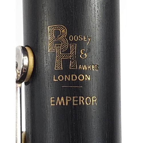 1085A - Boosey & Hawkes four piece ebony Emperor clarinet with fitted case, serial number 335457, 68cm in le... 