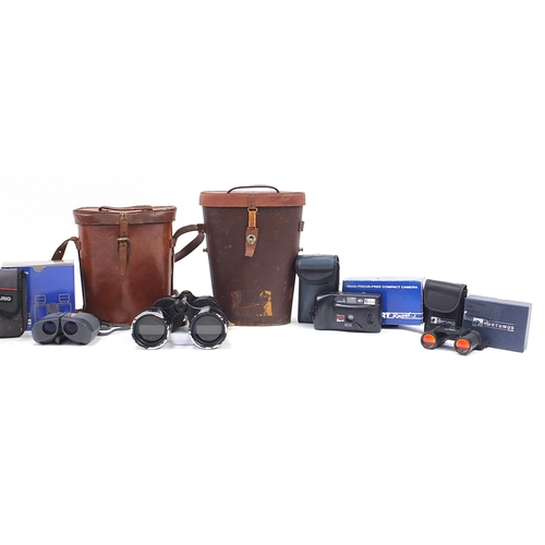 1220 - Cameras, binoculars and accessories including World War II Binoprism No 5 with leather case and Niko... 