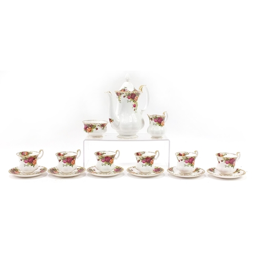 1292 - Royal Albert Old Country Roses six place coffee service, the coffee pot 24cm high