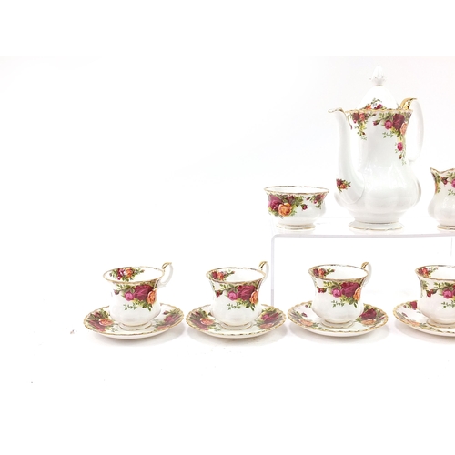 1292 - Royal Albert Old Country Roses six place coffee service, the coffee pot 24cm high