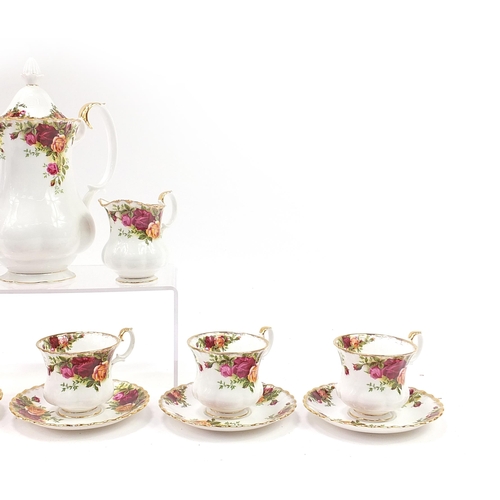 1292 - Royal Albert Old Country Roses six place coffee service, the coffee pot 24cm high