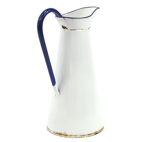 726 - Vintage blue and white enamelled metal wash jug, 40cm high