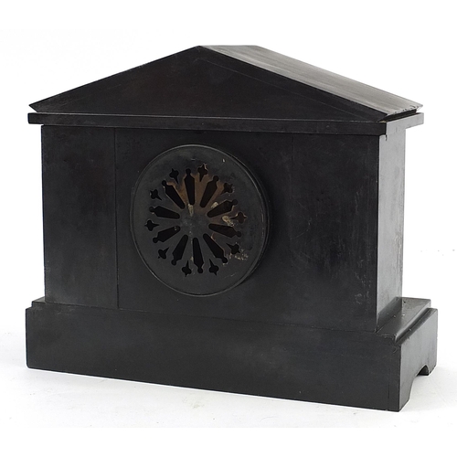 710 - French black slate and brass mantle clock with enamelled chapter ring, 31.5cm wide