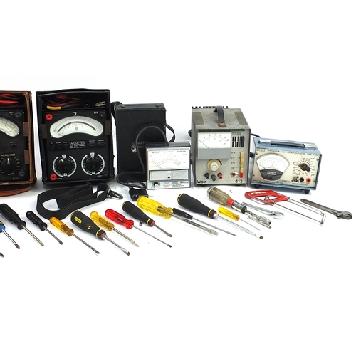 917 - Vintage electrical testing equipment and a selection of tools comprising Levell R C oscillator type ... 