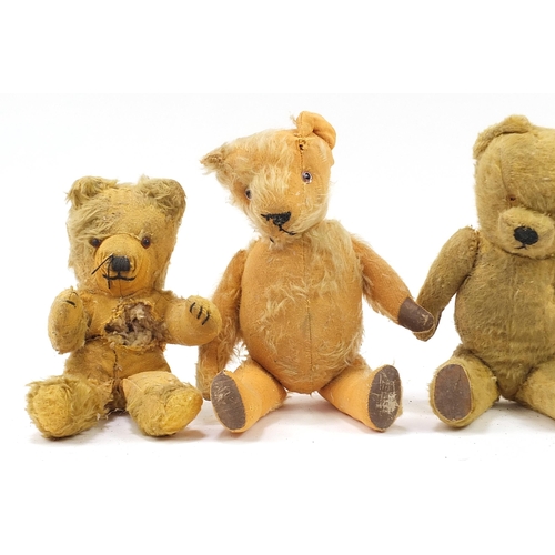 1353 - Four antique golden teddy bears with jointed limbs and a tiger, possibly Steiff, the largest 41cm hi... 