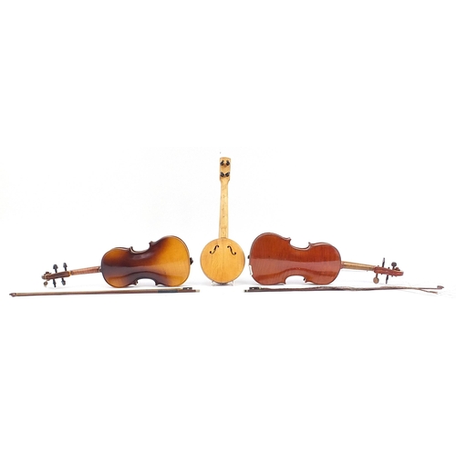 1215 - Two old wooden violins with bows and fitted cases and a Marseille banjolele