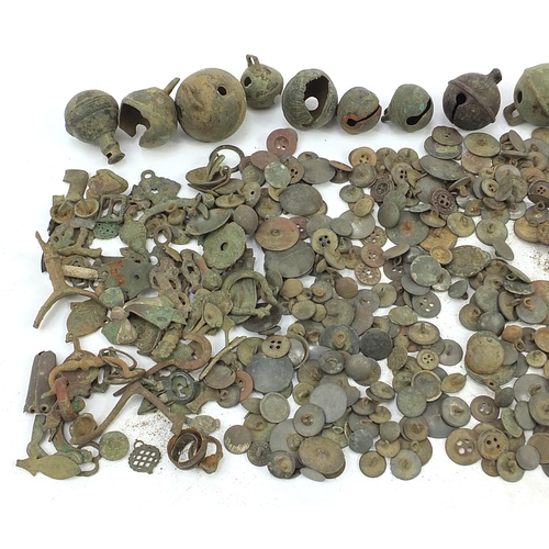 1163 - Collection of medieval style coinage buttons, bells and buckles