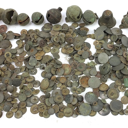 1163 - Collection of medieval style coinage buttons, bells and buckles