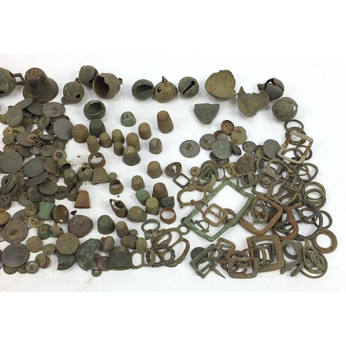 1163 - Collection of medieval style coinage buttons, bells and buckles