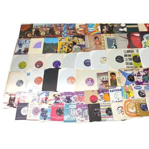 1431 - Vinyl LP record sleeves, loose LP records, 45rpm records and inserts including The Beatles, The Roll... 