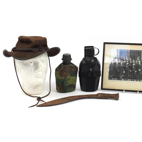 910 - Sundry items including militaria, Gurkha's knife, Australian leather hat by B C Hats and a black and... 