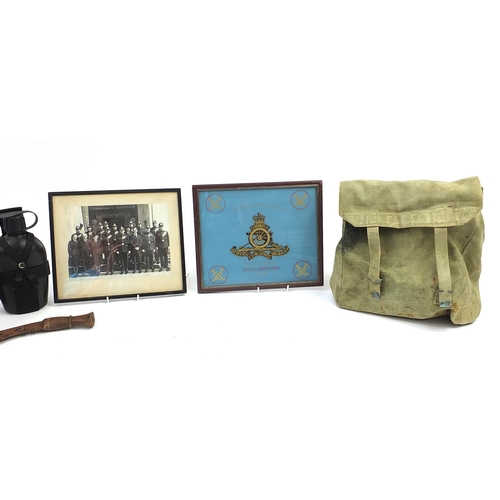 910 - Sundry items including militaria, Gurkha's knife, Australian leather hat by B C Hats and a black and... 