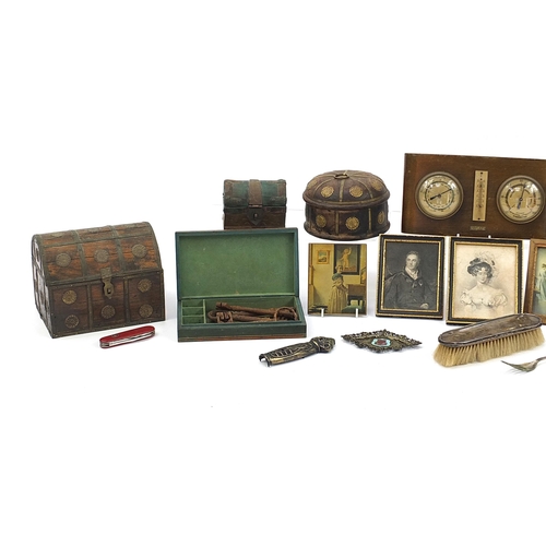 1162 - Sundry items including taxidermy interest horns, brass three draw telescope, Sheraton Revival box an... 