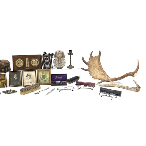 1162 - Sundry items including taxidermy interest horns, brass three draw telescope, Sheraton Revival box an... 