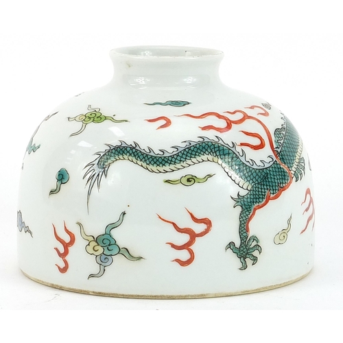 1084 - Chinese porcelain beehive water pot hand painted with a dragon chasing a flaming pearl amongst cloud... 