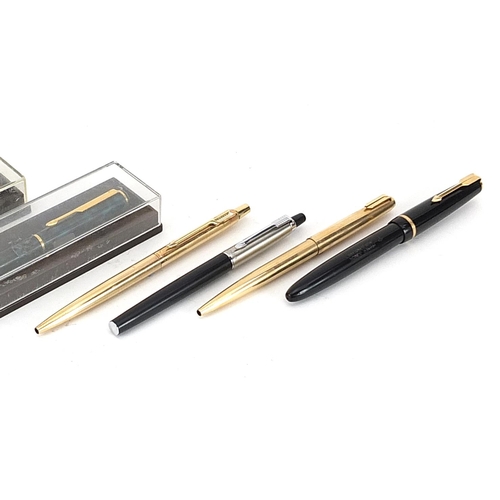 189 - Four Parker fountain pens and ballpoint pens  including a Junior with 14k gold nib