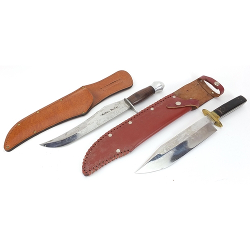 2372 - Two Bowie knives with leather sheaths including one with horn handle, impressed Bexfield of Sheffiel... 