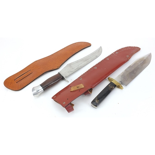 2372 - Two Bowie knives with leather sheaths including one with horn handle, impressed Bexfield of Sheffiel... 