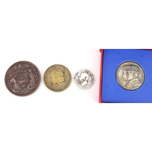 1600 - Coinage and medallions including a George III 1819 brass half crown and 1935 Coronation medallion wi... 