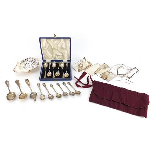 2269 - Collection of silver items including a shell shaped dish, set of six teaspoons with fitted case, ena... 