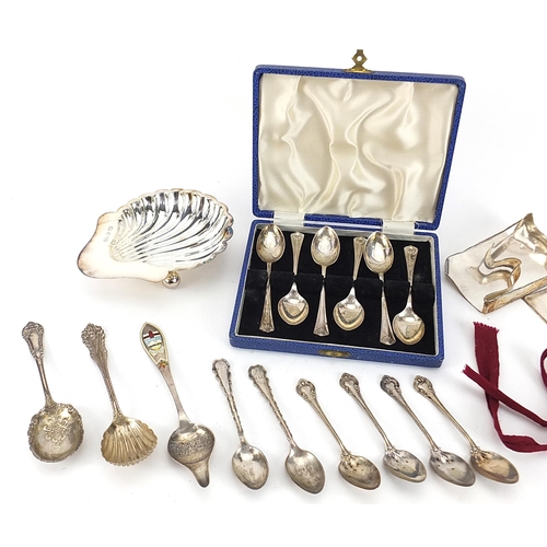 2269 - Collection of silver items including a shell shaped dish, set of six teaspoons with fitted case, ena... 