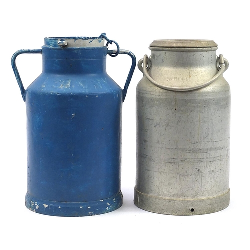 505 - Pair of vintage aluminium milk churns comprising Bemelmans and Coop, the largest 48.5cm high