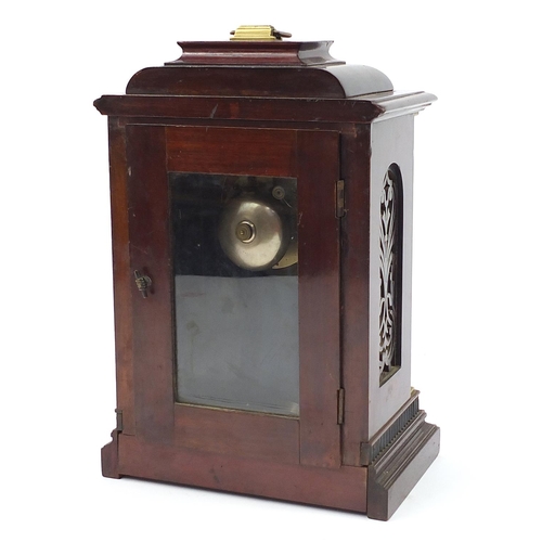 297 - Inlaid mahogany bracket clock with columns and visible Brocot escapement, the circular enamelled cha... 