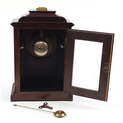 297 - Inlaid mahogany bracket clock with columns and visible Brocot escapement, the circular enamelled cha... 