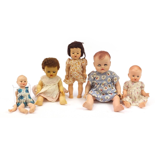 1337 - Five vintage dolls including three Rosebud examples, the largest 49cm high