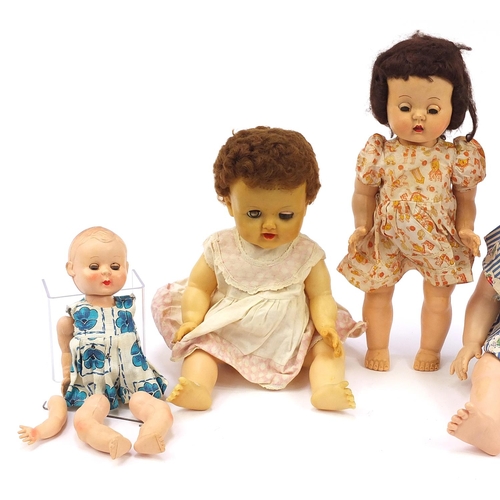 1337 - Five vintage dolls including three Rosebud examples, the largest 49cm high