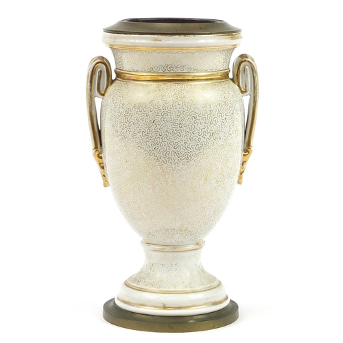 1266 - 19th century porcelain vase with twin handles with gilded decoration, 31.5cm high