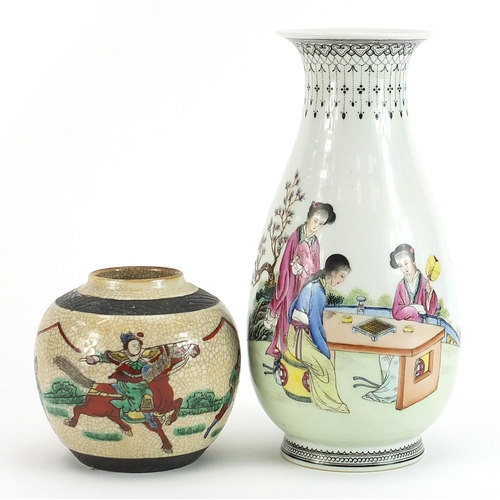 935 - Chinese porcelain vase hand painted with figures and a ginger jar hand painted with warriors, the la... 