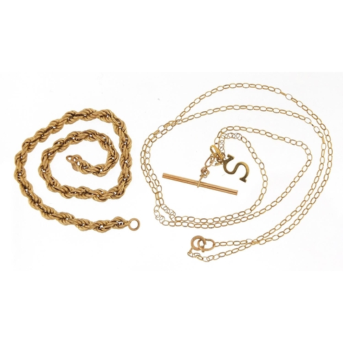 1873 - 9ct gold necklace with T bar, initial S pendant and a 9ct gold rope twist bracelet, the necklace 46c... 