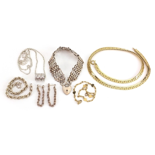 2124 - Costume jewellery, some silver including a five row gate bracelet and rope twist bracelet with match... 