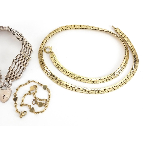 2124 - Costume jewellery, some silver including a five row gate bracelet and rope twist bracelet with match... 