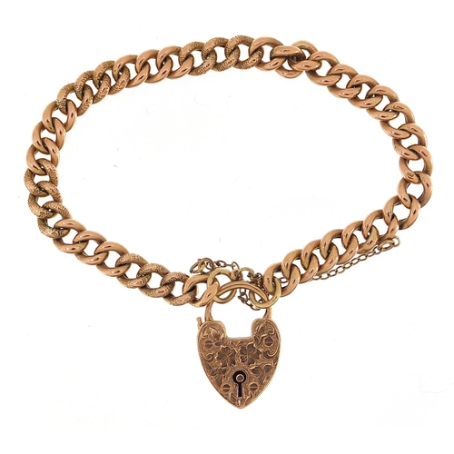 1667 - Edwardian 9ct rose gold bracelet with love heart padlock engraved with flowers, Birmingham 1905, 19c... 