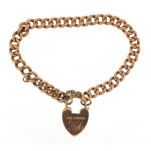 1667 - Edwardian 9ct rose gold bracelet with love heart padlock engraved with flowers, Birmingham 1905, 19c... 