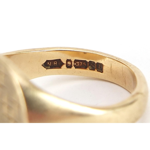 1708 - 9ct gold signet ring set with two diamonds, size U, 9.4g