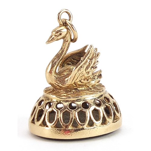 1728 - 9ct gold intaglio seal fob in the form of a swan, engraved with at gladiator head, 2.8cm high, 8.6g