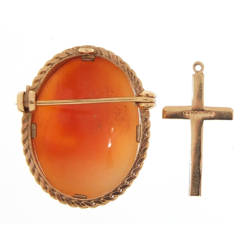 1938 - 9ct gold cameo maiden head brooch and 9ct gold cross pendant, the largest 3cm high, total 6.2g