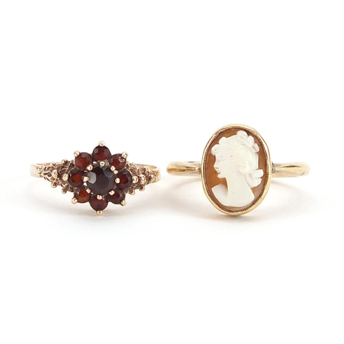 1930 - Two 9ct gold rings comprising cameo maiden head, size P/Q and 9ct gold garnet flower head ring, size... 