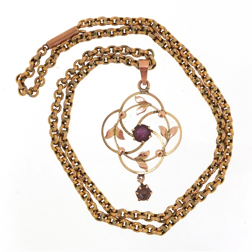 1703 - Edwardian 9ct gold amethyst pendant on a 9ct gold necklace, 4.5cm high and 44cm in length, 6.5g