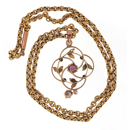 1703 - Edwardian 9ct gold amethyst pendant on a 9ct gold necklace, 4.5cm high and 44cm in length, 6.5g