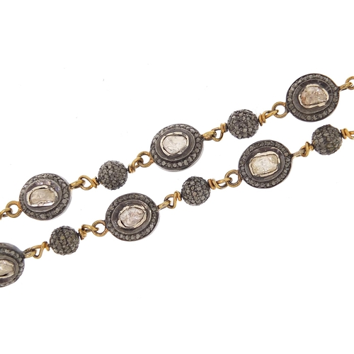 1884 - Indian silver and silver gilt diamond necklace, 104cm in length, 70.0g