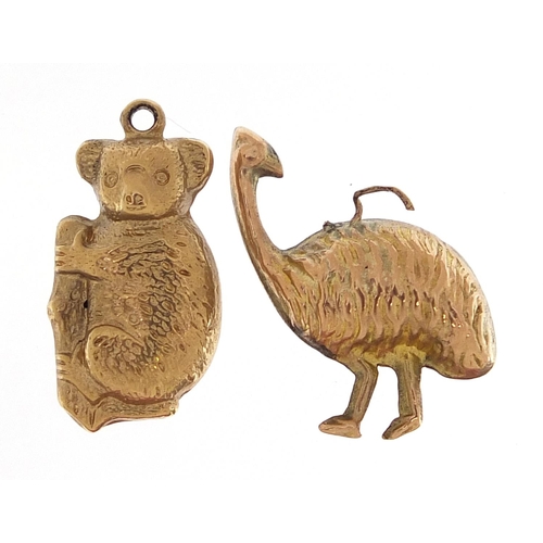 1754 - Two 9ct gold charms comprising ostrich and koala, the largest 1.7cm high, total 1.8g